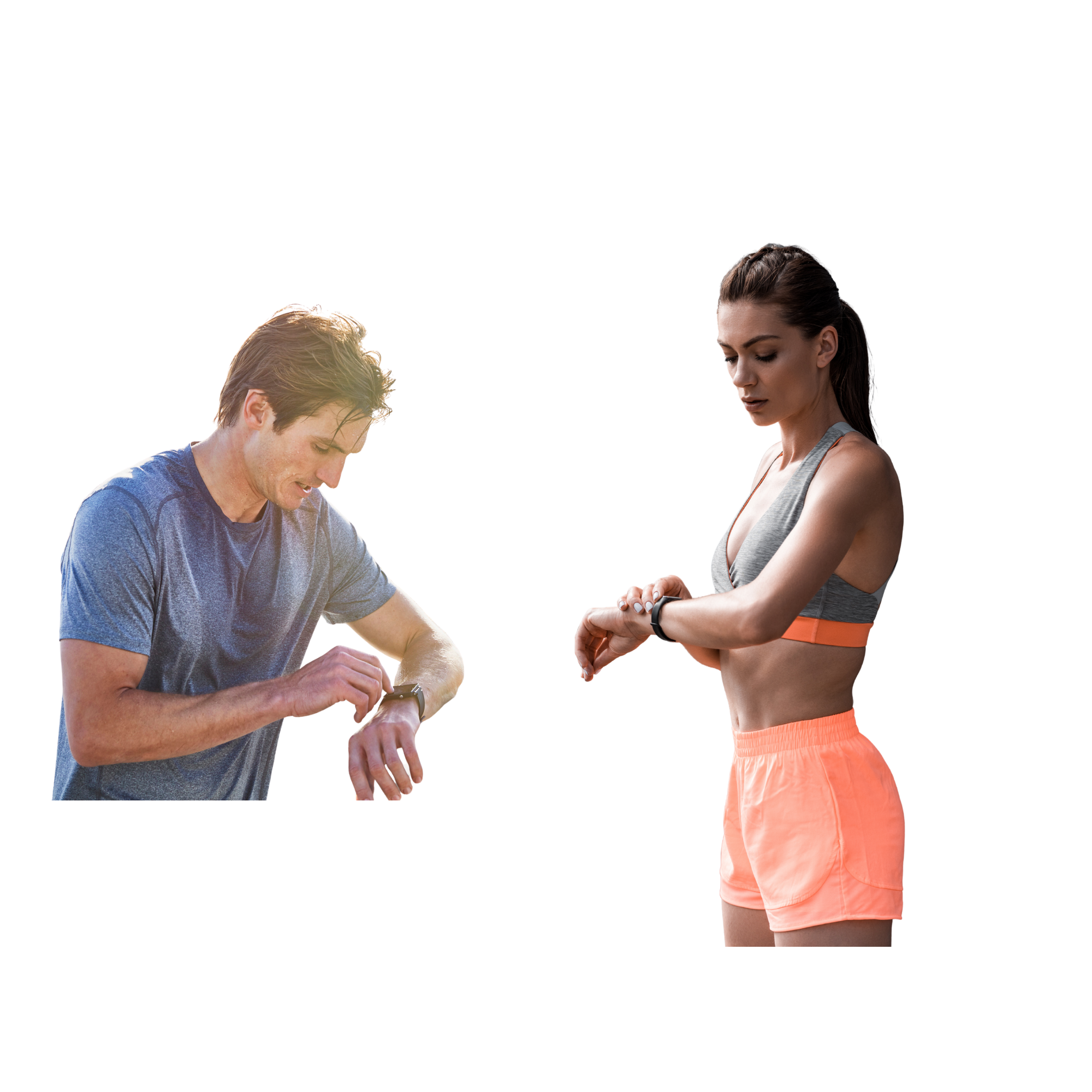 Male Functional Hybrid athlete and female Endurance athlete checking their wearable devices